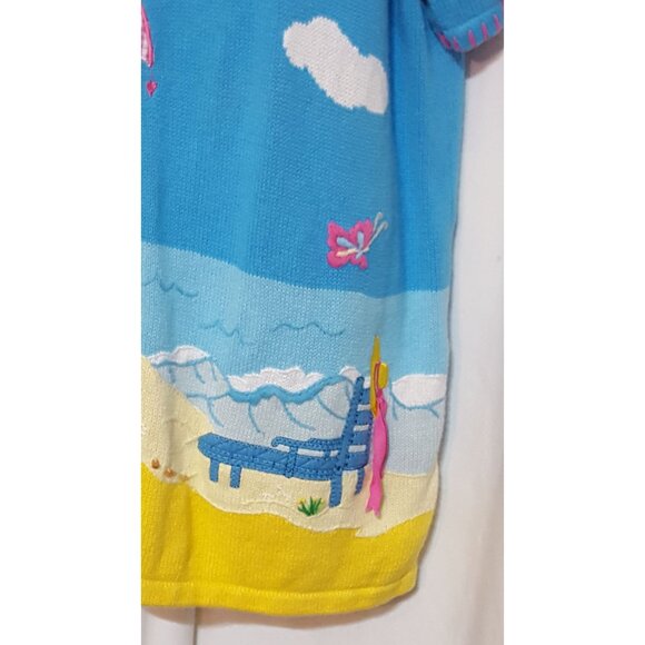 Quacker Factory Sweater Women's L Short-sleeve Pullover Appliqued Beach Blue - Picture 8 of 9